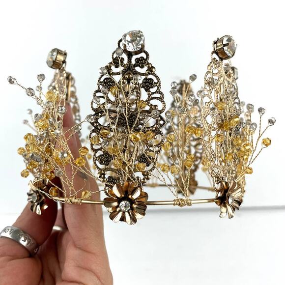 Bronze Tone Metal Tiara Crown Beaded Wired Floral Rhinestones Party Bridal - Picture 1 of 10